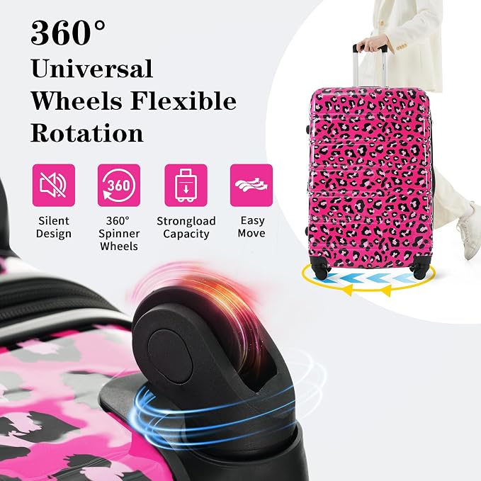 Merax Suitcase Set, Hardshell Luggage Sets 3 Piece with Spinner Wheels | Expandable Durable Suitcase with TSA Lock Lightweight 20" 24" 28", Hot Pink Leopard - Image 4