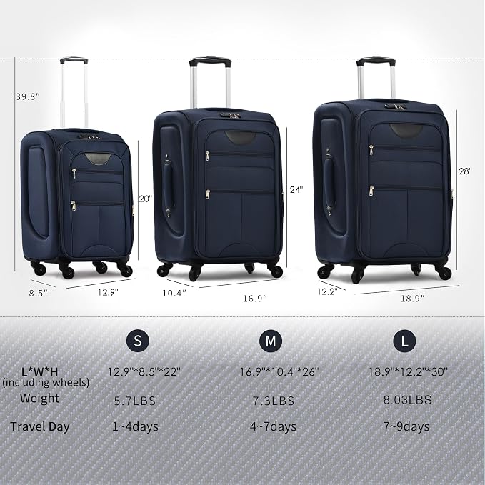 Merax Softside Luggage Set, Travel Suitcase Expandable Lightweight 3 Piece | Luggage Sets with Duffel Bag 22" 26" 30" Suitcase with TSA Lock Spinner Wheels,Deep Blue - Image 2
