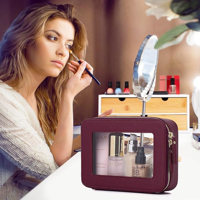 Pinkmik Clear Makeup Bag for Women Waterproof Travel Cosmetics and Toiletries Case Portable Makeup Oaganizer Bag Clear Car Bag with Zipper (X/Burgundy, M+L) - Image 3