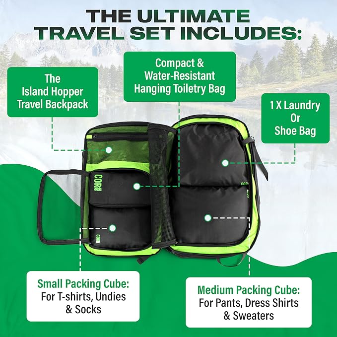 COR Surf Carry On Travel Backpack Bundle | Island Hopper Travel Backpack with Toiletry Bag and Compression Packing Cube Set (40L, Navy Blue) - Image 2