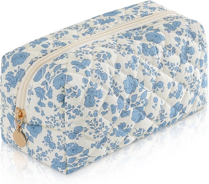 Makeup Bag Travel Toiletry Bag for Women, Small Cosmetic Bags Cute Quilted Cotton Makeup Pouch for Purse Emergency Bag Pencil Case Accessory Bag, Blue by Unknown