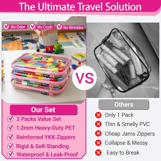 YQBRAO 3-Pack Large Clear Hard Shell Zipper Case, 1.2mm Ultra-Thick Rigid Toy & Closet Organizer, Heavy-Duty Diaper Bag Pouch Set with YKK Zippers, Waterproof Travel Storage (Pink) - Image 2