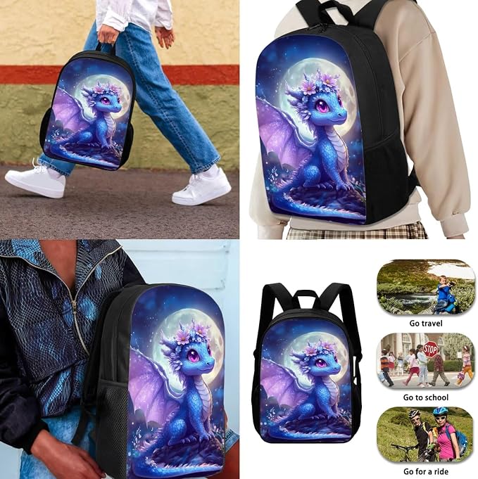 Dragon Backpack and Lunch Box Set Girl 6-8/8-10 Moon Kids Bookbags for 3rd Grade 4 in 1 Elementary School Back Pack with Lunch Bag Pencil Case Water Bottle Holder 17in Primary Schoolbag - Image 3
