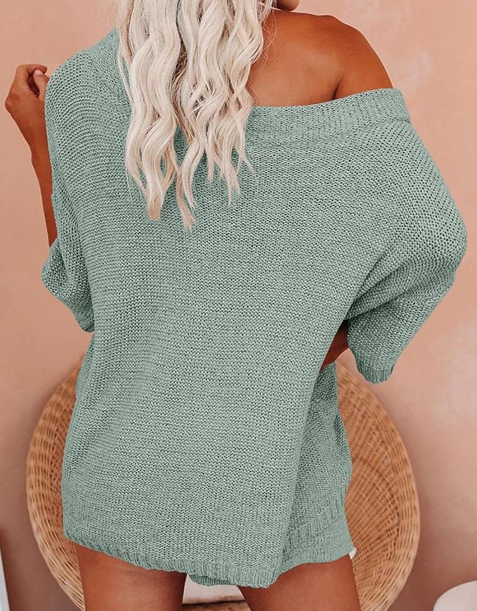 Ermonn Womens 2 Piece Outfits Sweater Sets Off Shoulder Knit Tops Waist Short Suits Casual Pajama Set - Image 3