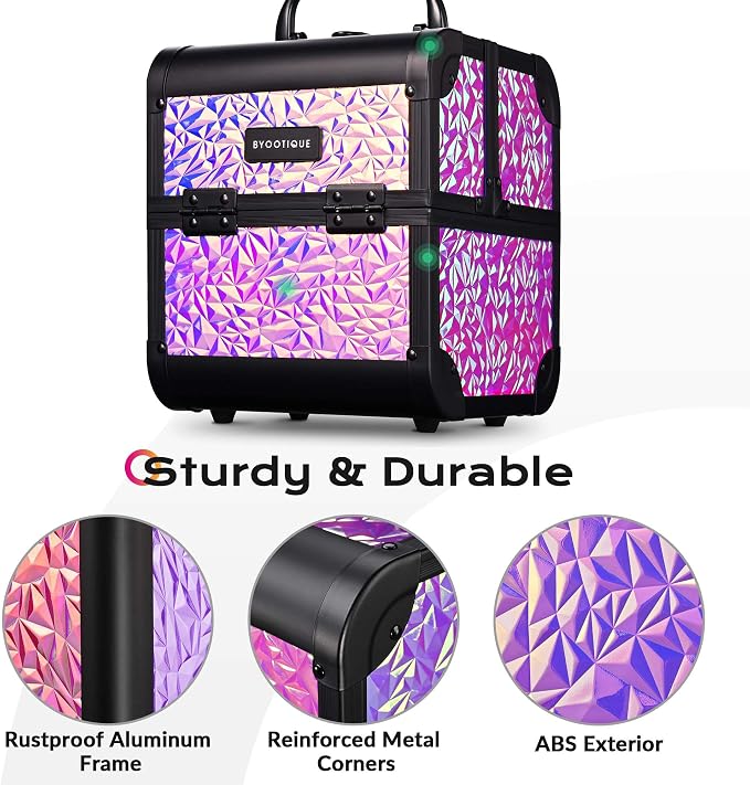 BYOOTIQUE Mini Makeup Train Case with Mirror 2 Tier Trays Box Makeup Artist | Aluminum Portable Travel Makeup Case Organizer Box Lockable Suitcase Cosmetic Storage Hairstylist Nail Tech Mermaid Pink - Image 5