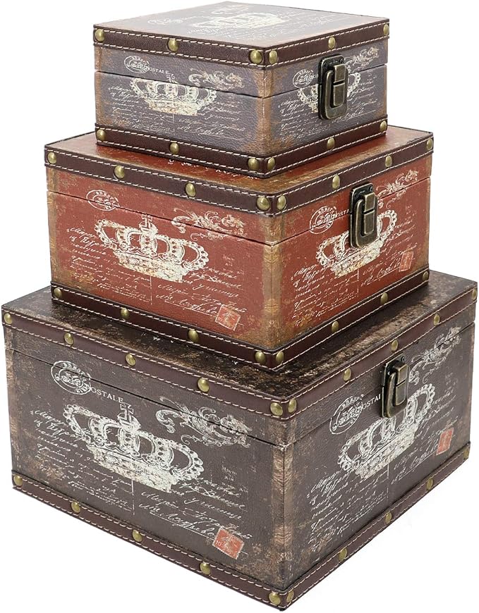Jolitac Wood Storage Box Set of 3, Vintage Decorative Nesting Boxes Wooden Treasure Storage Crates With Latch, Home Decor Rustic Antique Boxes With Lid for Photos, Jewelry, Cash (Crown) by Jolitac
