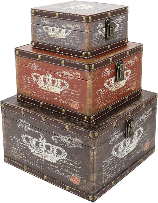 Jolitac Wood Storage Box Set of 3, Vintage Decorative Nesting Boxes Wooden Treasure Storage Crates With Latch, Home Decor Rustic Antique Boxes With Lid for Photos, Jewelry, Cash (Crown) by Jolitac
