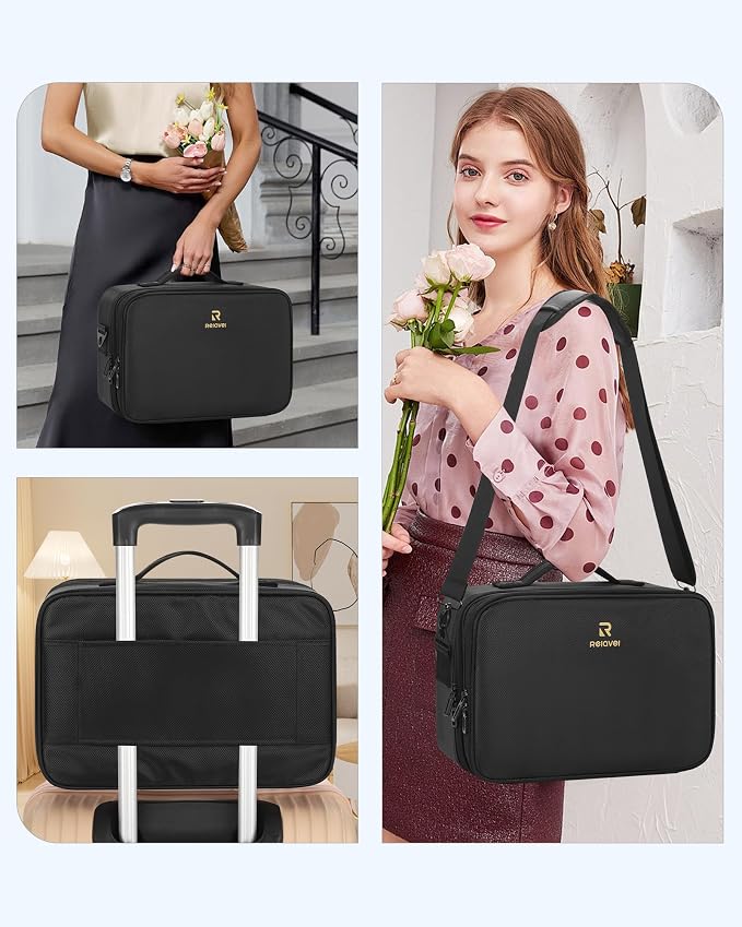 Relavel Makeup Bag Travel Makeup Train Case Large Cosmetic Case Professional Portable Makeup Brush Holder Organizer and Storage with Adjustable Dividers and Shoulder Strap Black - Image 5