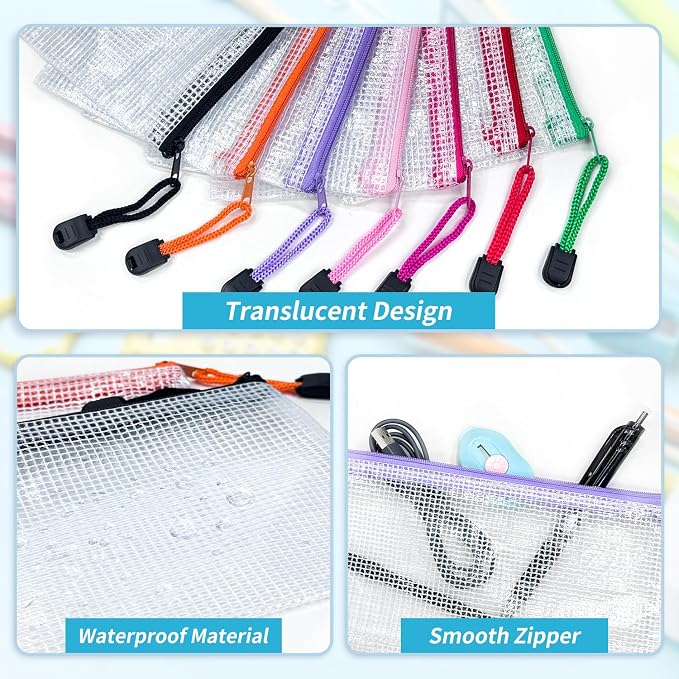 GEMLORD 150 pcs mesh pouches, mesh pouch cosmetic bag zipper pouches for classroom zipper pouch mesh makeup bag 9.35 x 4.7 Inch for Travel, Cosmetics, Toiletry, 10 Colors - Image 3
