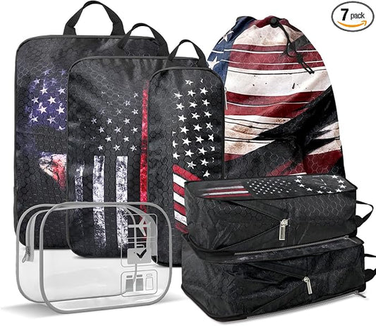 National flag Compression Packing Cubes Set (7 Piece) - 1776 flag | Patriotic Flag Design Travel Organizer Bags, Essential for Clothes, Shoes, Cosmetics & Toiletries, Black by Unknown