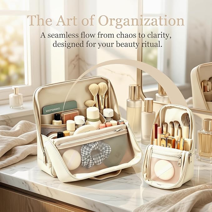 Standing Makeup Bag, Fold Down Trave Cosmetic Bag,Large Capacity Toiletry Bags for Women,Portable Free-Standing Makeup Bag and Brush Storage Bag for Easy Access (Creamy) - Image 7