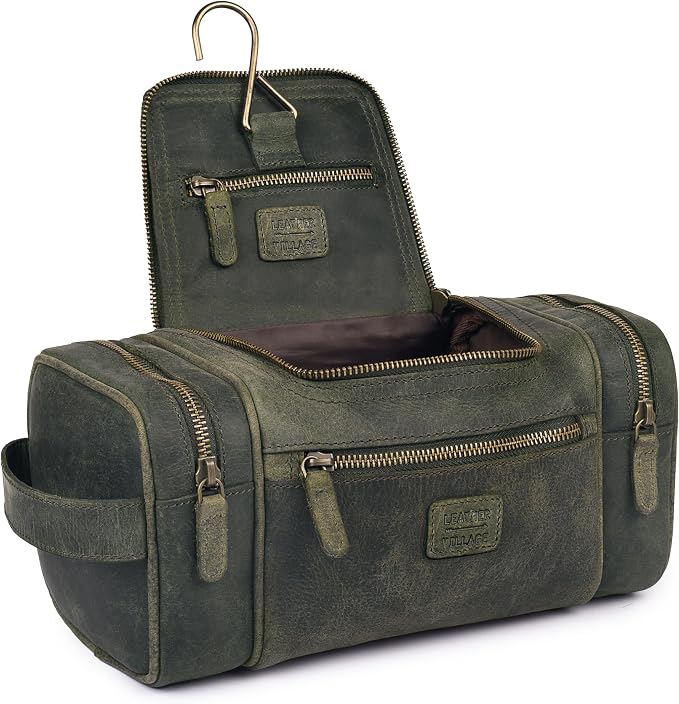 LEATHER VILLAGE Genuine Leather Travel Dopp Kit for Men & Women – Water-Resistant Large-Capacity Hanging Toiletry Bag for Travel, Grooming, Bathroom Organization, Shaving Essentials & Gym Use - Olive by LeatherVillage
