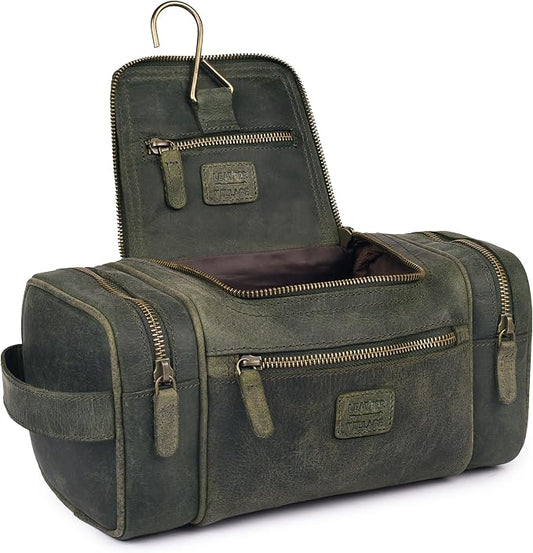 LEATHER VILLAGE Genuine Leather Travel Dopp Kit for Men & Women – Water-Resistant Large-Capacity Hanging Toiletry Bag for Travel, Grooming, Bathroom Organization, Shaving Essentials & Gym Use - Olive by LeatherVillage