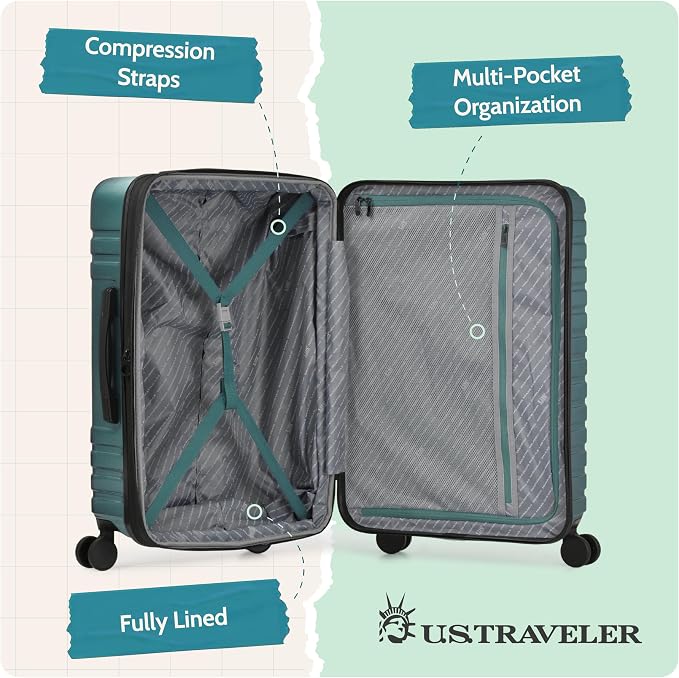 U.S. Traveler Boren Expandable Hardside Rugged Travel Luggage with 8 Spinner Wheels, Teal, Checked-Medium 26-Inch - Image 4