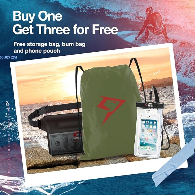 Piscifun Dry Bag Waterproof, Lightweight Dry Backpack Roll-Top Sealed with Waist Pouch and Phone Case Keeps Gear Dry Inside for Kayaking, Boating - Image 5