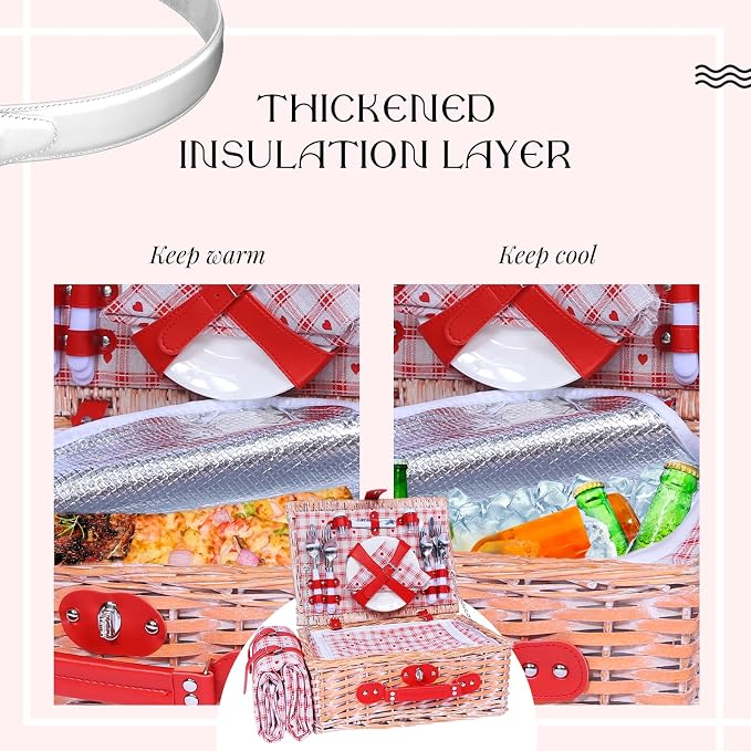 Picnic Basket Set for 4 with Waterproof Blanket Mat Insulation Bag Wicker Floral Pink Red Love Plaid Cute Kawaii Gift for Wedding Birthday Summer Camp Outdoor Camping Beach Travel Christmas - Image 6