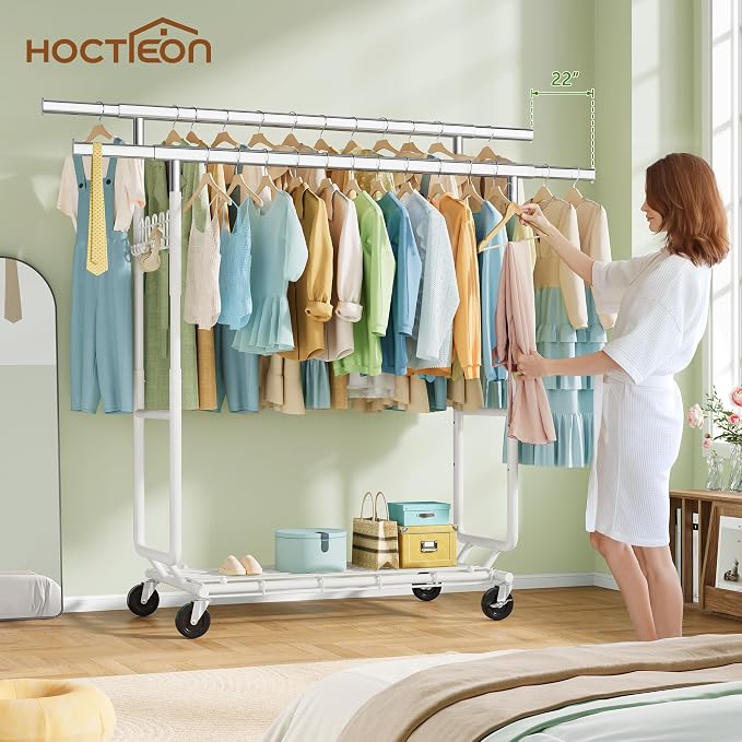 Hoctieon 2-Minute Assembly Double Rod Clothes Rack, Heavy Duty Rolling Clothing Racks with Wheels, Foldable Commercial Garment Rack, Extendable Hanging Bar, Adjustable Metal Pole with Hooks, White - Image 8