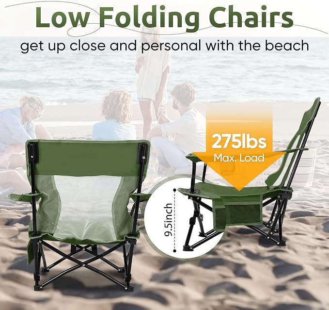 HaSteeL Folding Beach Chair Set of 2, Foldable Green Camping Chairs for Outside, Low Beach Chair Portable for Adults Fishing, Picnic, Outdoor BBQ, Travel, Sports, Cup Holder & Storage Bag - Image 7