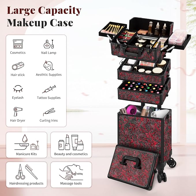 Rolling Makeup Train Case with Lid Cosmetology Case on Wheels | 5 in 1 Large Cosmetic Trolley Organizer Travel for Hairstylist Artist Nail Beauty Salon Barber Cart Trunk, Red - Image 3