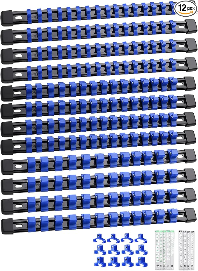 ALOANES 12PC Socket Organizer, Socket Rails Fit 1/2", 1/4" and 3/8" Drive | Heavy Duty ABS Socket Holders Hold up 172 Sockets for Mechanics Toolbox Drawer Bags(Blue) by Aloanes