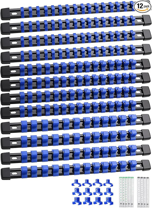 ALOANES 12PC Socket Organizer, Socket Rails Fit 1/2", 1/4" and 3/8" Drive | Heavy Duty ABS Socket Holders Hold up 172 Sockets for Mechanics Toolbox Drawer Bags(Blue) by Aloanes