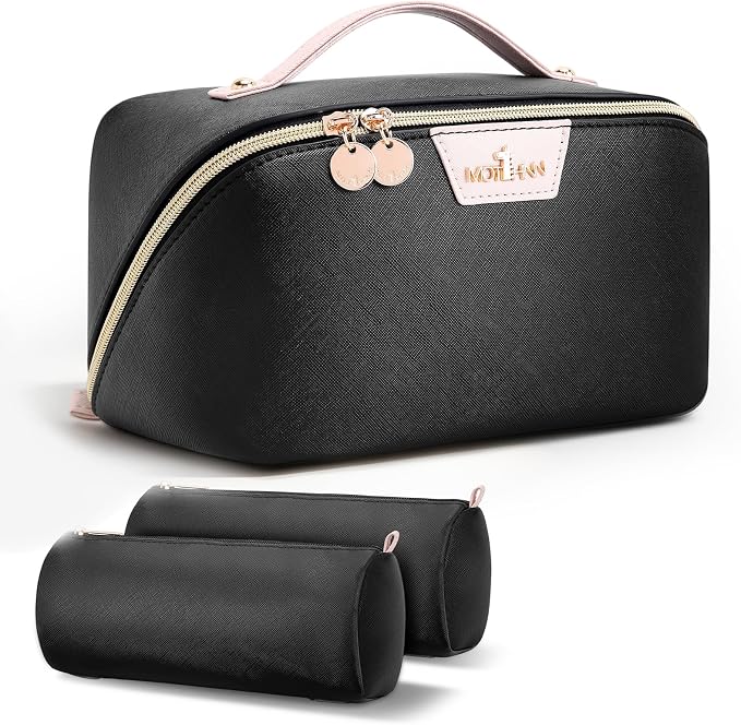 Travel Makeup Bag for Women: 3-in-1 Large Capacity Cosmetics Organizer with 2 Detachable Pouch - Vegan Leather Flat Open Toiletry Bag - Portable Travel Essentials for Full-Sized Bottles-Black by Unknown