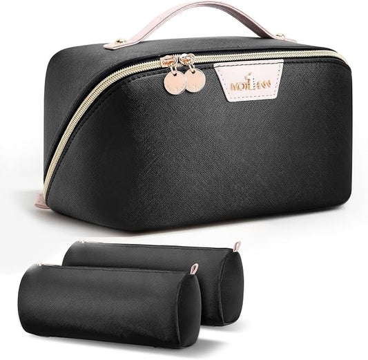 Travel Makeup Bag for Women: 3-in-1 Large Capacity Cosmetics Organizer with 2 Detachable Pouch - Vegan Leather Flat Open Toiletry Bag - Portable Travel Essentials for Full-Sized Bottles-Black by Unknown