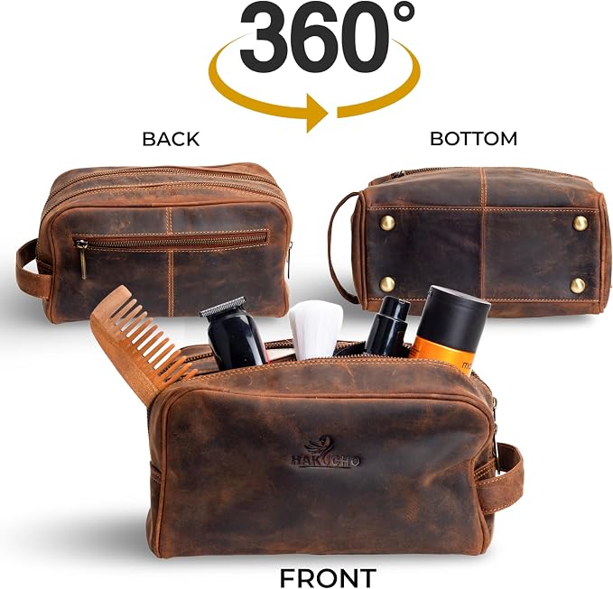 Leather Toiletry bag for men - Travel Pouch for Men & Women, Leather Dopp Kit, Cosmetic Makeup Kit with Waterproof Lining, Spacious Zippered Organizer (Tan Brown) - Image 9