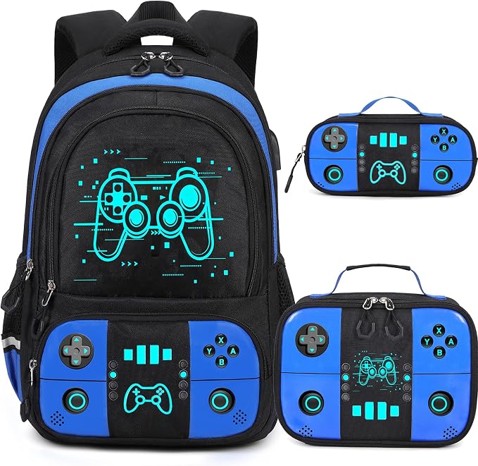 Bevalsa Backpack for School Boys, Cool Luminous Gamer Boys Schoolbag with Lunch Box & Pencil Case Set for Kids Teens Elementary Middle School, Bookbag Glow In The Dark(Blue Game Backpack) by Bevalsa
