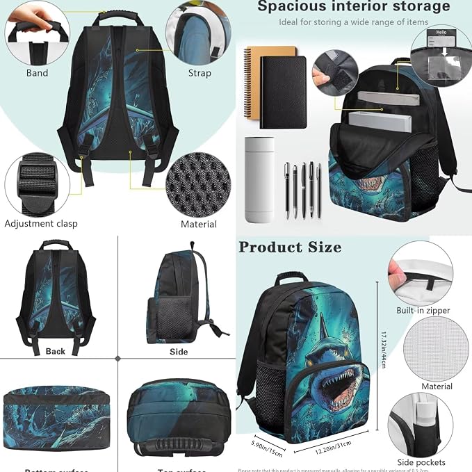 Shark Backpack and Lunch Box Set 4 PCS Schoolbag Book Bag with Insulated Lunch Bag Box Pencil Case Water Bottle Holder Carrier Sling Bag - Image 4