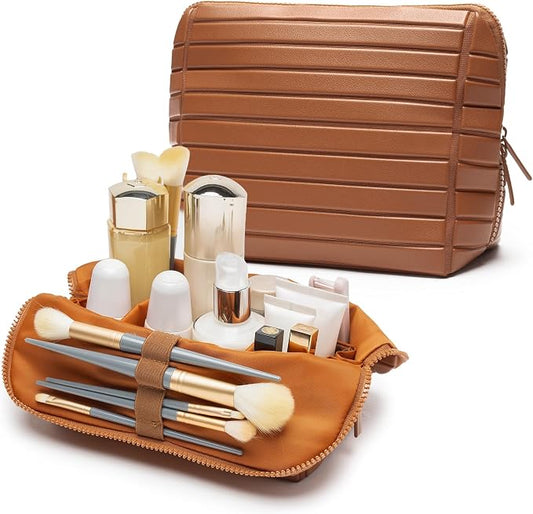 Minoisome Travel Makeup Bag,PU leather toiletry bag,make up organizer case for women,Large Capacity Cosmetic Bag,Wide-open Pouch Purse，Toiletries Accessories，Fold-Down Design and Adjustable Dividers. by Unknown