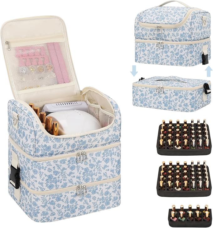 Extra Large Nail Polish Organizer - Three Layer Nail Organizers And Storage Bag, Portable Nail Supplies Organizer Case, Nail Tech Kit Travel Carrying Box with Shoulder Strap (Floral Blue, 86 Slots) by CUBETASTIC