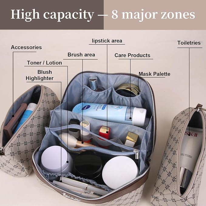 BOYATU Travel Makeup Bag Cosmetic Bags for Women: 3 Pcs Set Large Capacity Make up Bag with Handle - Vegan Leather Toiletry Bags with Compartments - Makeup Organizer for Travel Essentials(A-2-Khaki) - Image 5