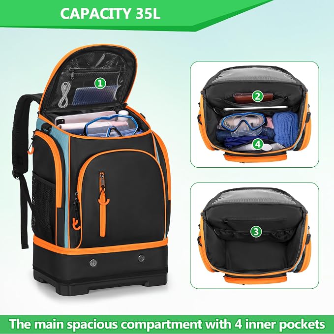 Smasrob 35L Swim Bag, Swim Backpack with Hard Shoe Compartment, Orange | 2 Insulated Sections, Multiple Pockets, for Boys and Girls - Image 4