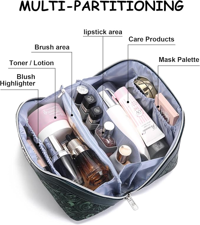 BOYATU Travel Makeup Bags Cosmetic Organizer Bag: 3 Pcs Set Large Capacity Floral Make up Bag with Compartments - Waterproof Leather Toiletry Bags with Handle for Women (18-Green) - Image 3