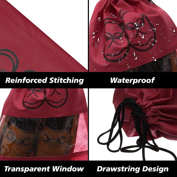 Kuber Industries Shoe Cover | Travel Shoe Storage Bags | Non-Woven Storage Bag | Shoe Cover with Drawstring | Shoe Organizer with Clear window | Plain | Pack of 6 | Maroon - Image 4