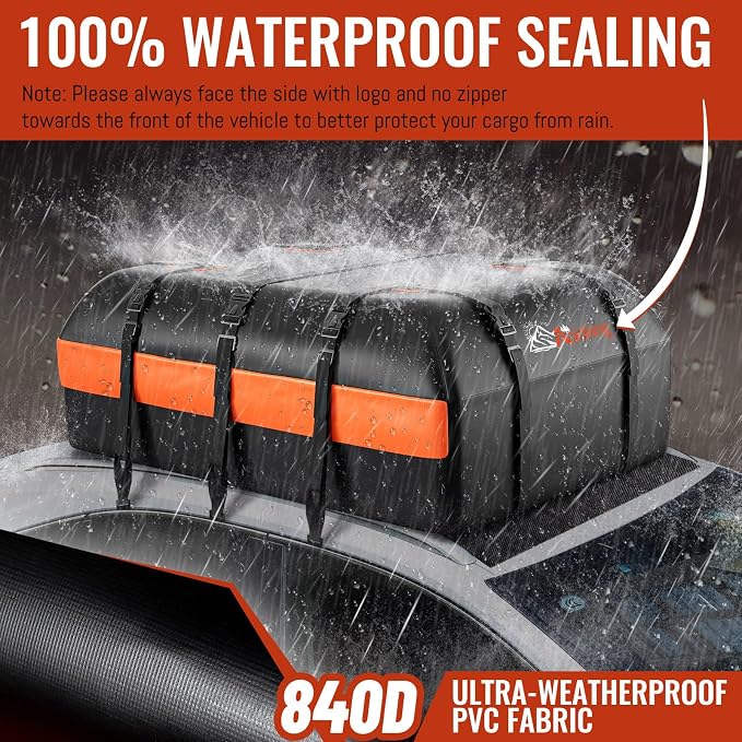 Car Rooftop Cargo Carrier Bag, 16 Cubic Feet Waterproof Car Topper Luggage Storage Bag with Large Capacity & Maximum Protection to Minivan SUV Vehicles w/wo Roof Rack, Non-Slip Mat, Door Hooks, Lock - Image 2