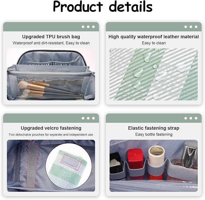 BOYATU Travel Makeup Bag Organizer Cosmetic Bag: 3 Pcs Set Make up Bags for Women with Handle - Waterproof Vegan Leather Toiletry Bags Travel Essentials Pouch with Compartments (F-02-Green) - Image 4