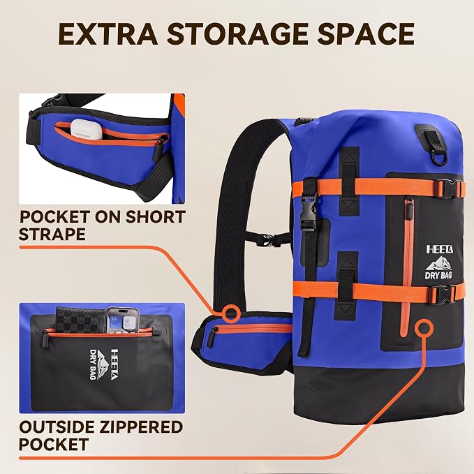 HEETA Dry Bags Waterproof Backpack 40L for Men & Women, Roll Top Heavy Duty Cushioned Hiking Backpack for Kayaking Boating Paddle Boarding Fishing Travel Camping Beach Vacation Cruise Ship Essentials - Image 5