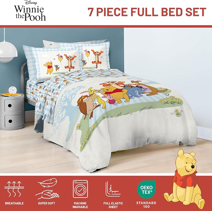 Disney Winnie The Pooh Full Comforter Set 7 Piece Kids Bedding, White | Piglet Tigger, Bed in a Bag, Comforter Sheets Shams Pillowcases, Official Brand, Soft Microfiber, Machine Washable, Kids Gift - Image 4