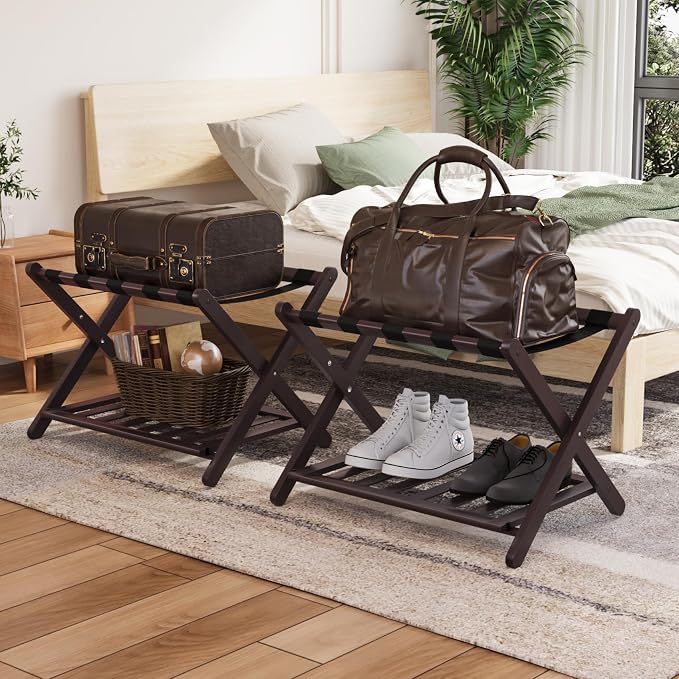 Smuxee Fully Assembled Brown Luggage Racks Pack of 2, Upgraded Bamboo Foldable Suitcase Stand with 5 Nylon Straps, Luggage Holder with Shelf for Guest Room Bedroom Hotel by Smuxee