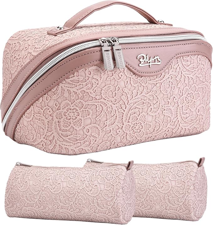 BOYATU Travel Makeup Bags Cosmetic Organizer Bag: 3-Set Large Capacity Make up Bag - PU Leather Toiletry Bags for Women - Wide Open Portable Pouch with Divider & Handle (A-Light Pink) by BOYATU