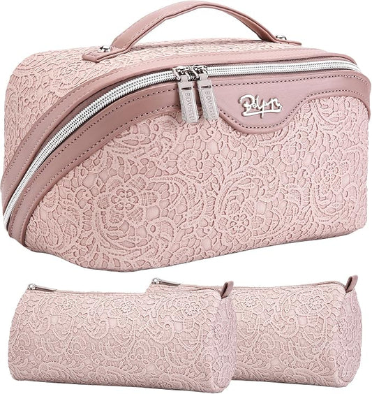 BOYATU Travel Makeup Bags Cosmetic Organizer Bag: 3-Set Large Capacity Make up Bag - PU Leather Toiletry Bags for Women - Wide Open Portable Pouch with Divider & Handle (A-Light Pink) by BOYATU