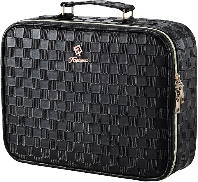 Faquenc Makeup Bag with LED Lighted Mirror 12.2 IN Travel Makeup Bag Adjustable Brightness in 3 Colors Cosmetic Organizer Artist Storage Bag with Dividers Brush Holder Bag Vanity Black Checkerboard by Faquenc