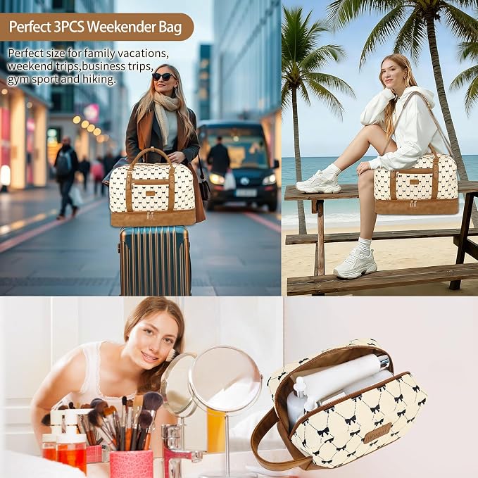 Wogarl 3PCS Weekender Bags for Women Large Overnight Bag Weekend Travel Duffel Bag Carry on Shoulder with Shoe Compartment Canvas Toiletry Bag for Travel Business Gym,Cream Bow - Image 5