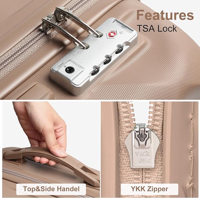 Somago Luggage Sets 20in Carry on Suitcase with TSA Lock YKK Zipper Spinner Wheels ABS Hardside Luggage 3 Piece Weekender Bags Travel Set, Khaki - Image 5