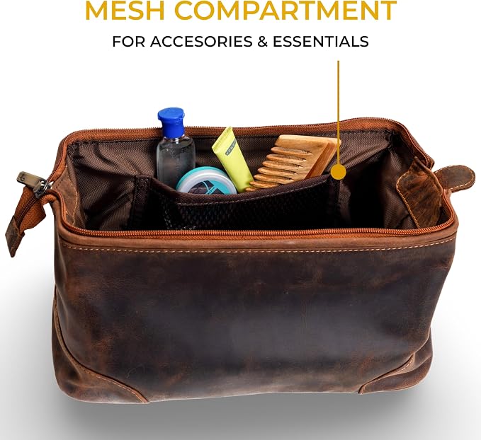 Genuine Leather Toiletry Bag for Travel, Gym, and Daily Use, Grooming Travel Kit, Large Shaving Bag with Waterproof Lining Gift for Men & Women (Tan Brown) - Image 5