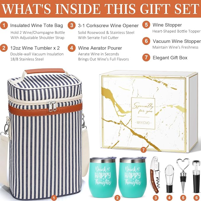 Birthday Gifts for Women Men - Mothers Day Wine Gift Baskets For Woman Mom, Her, Women, Friend, Wine Lovers, Self Care Package, Insulated Wines Tote Bag Carrier w/ Tumblers & Wines Accessories Set - Image 2