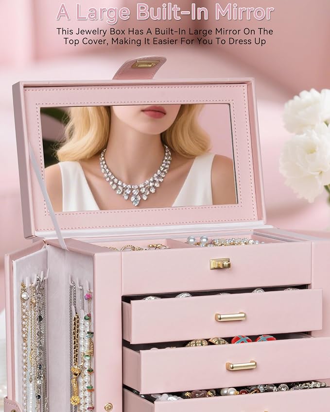 AKOZLIN 6-Tier Jewelry Box Organizer Functional 5 Drawers Leather Jewelry Storage Case for Women Girls Ring Necklace Earring Bracelet Holder Organizer with Mirror XL Pink 360° Rotating - Image 5
