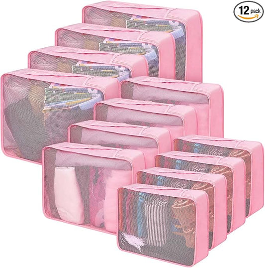 Silkfly 12 Pcs Packing Cubes for Suitcase Travel Luggage Bags Bulk Mesh Organizer Set for Hiking Camping Backpacking Clothes Accessories (Pink,XL, L, M Size) by Silkfly